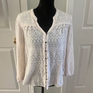 Lucky Brand Geometric Textured Sheer Button Front Hi-Lo Boho Blouse- Size M